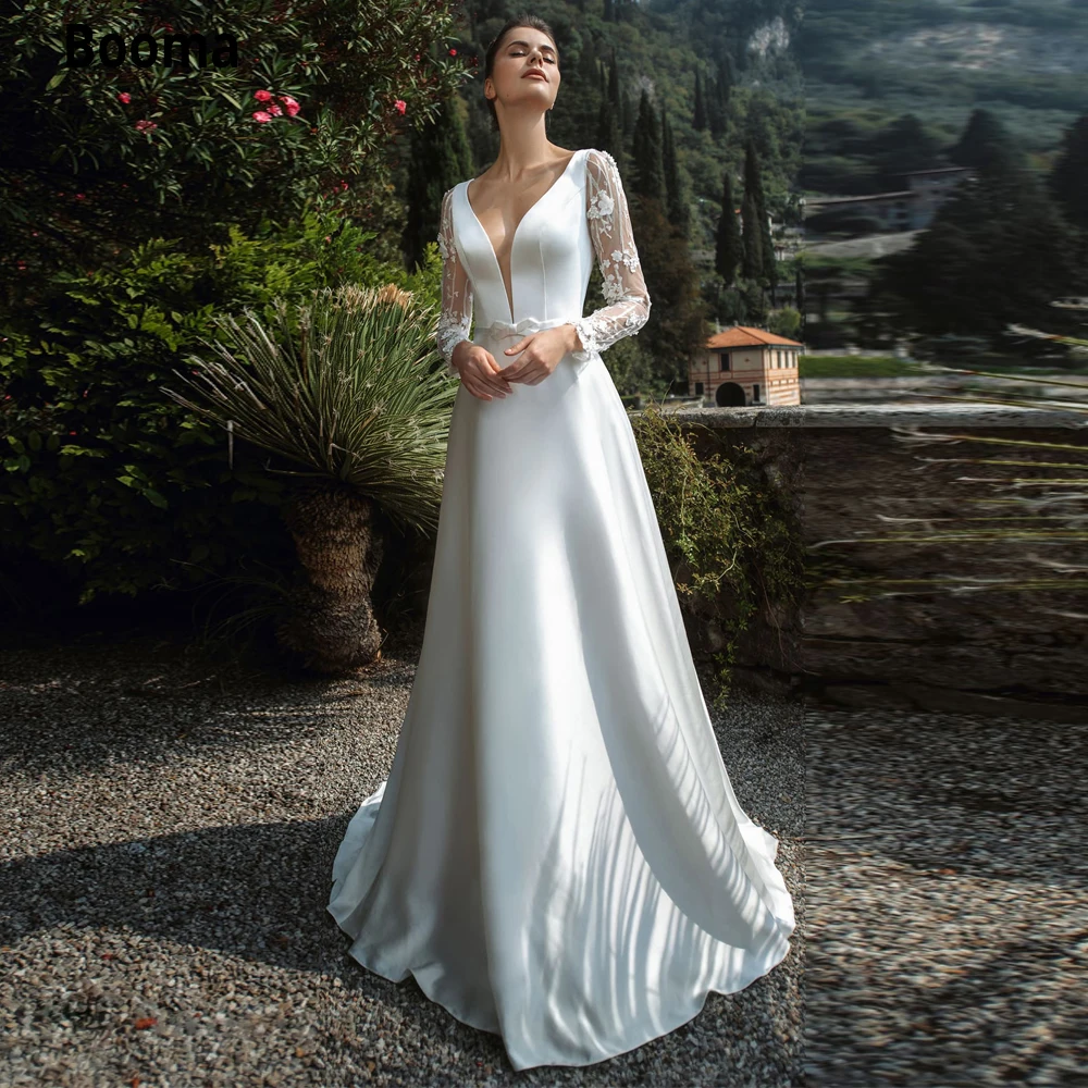 

Пляжные свадебные платья Booma с длинным рукавом, v-образным вырезом, кружевной аппликацией, атласное свадебное бохо-платье размера плюс с отк...