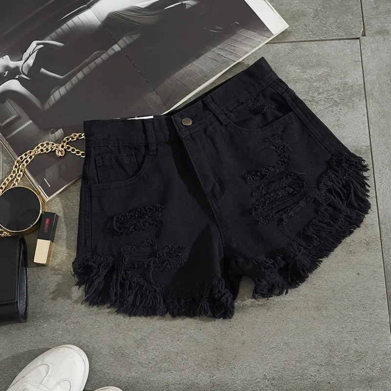 

NEW Fashion New Summer Women White Denim Shorts Sexy Hole Ripped Mini Jeans Shorts Women Streetwear Tassel High Waist Shorts