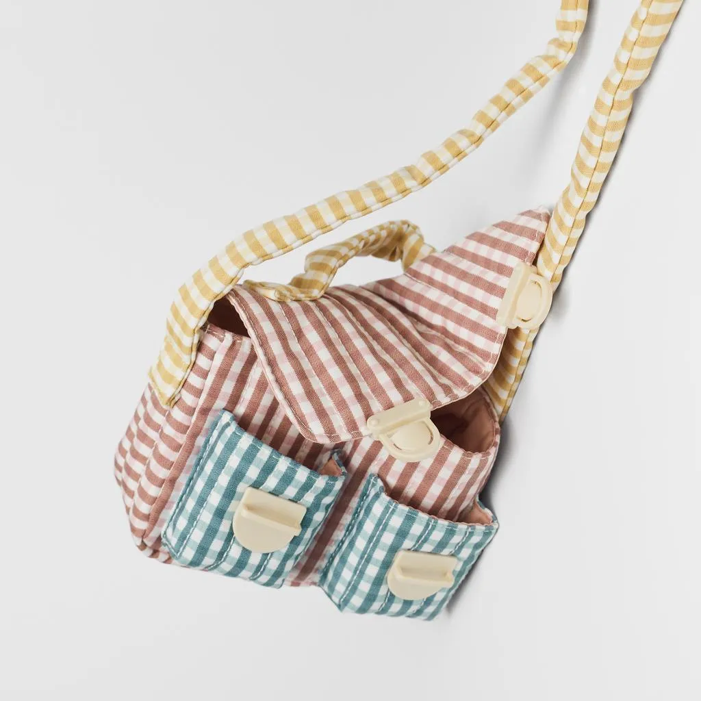 New children's bag girls summer fresh color matching square check messenger cotton medium soft texture knotted shoulder | Багаж и