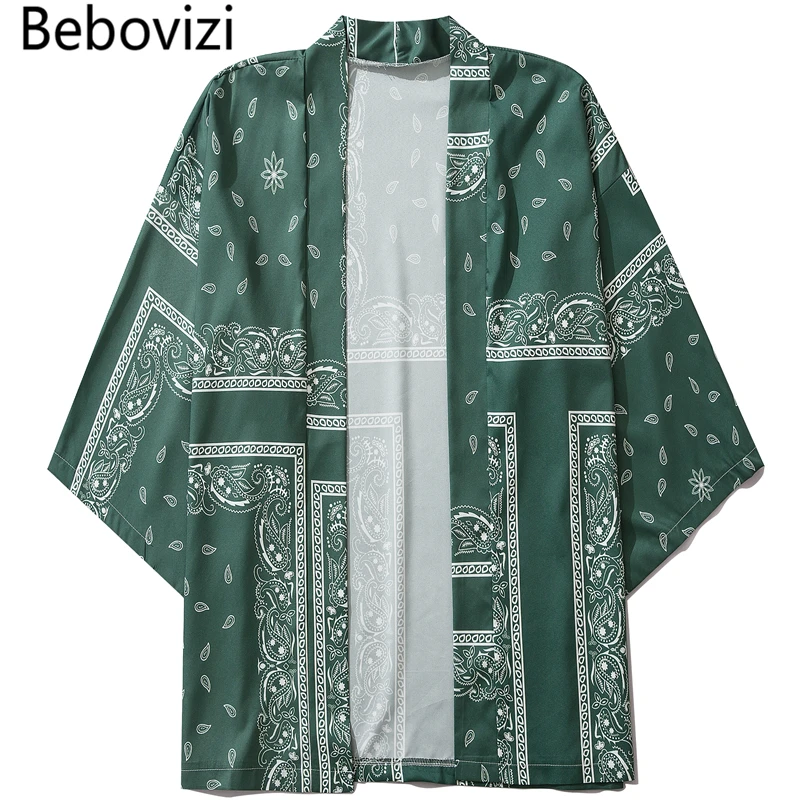 

Bebovizi Green Cashew Flowers Print Kimono Men Women Japanese Style Traditional Cardigan Yukata Streetwear Haori Clothes