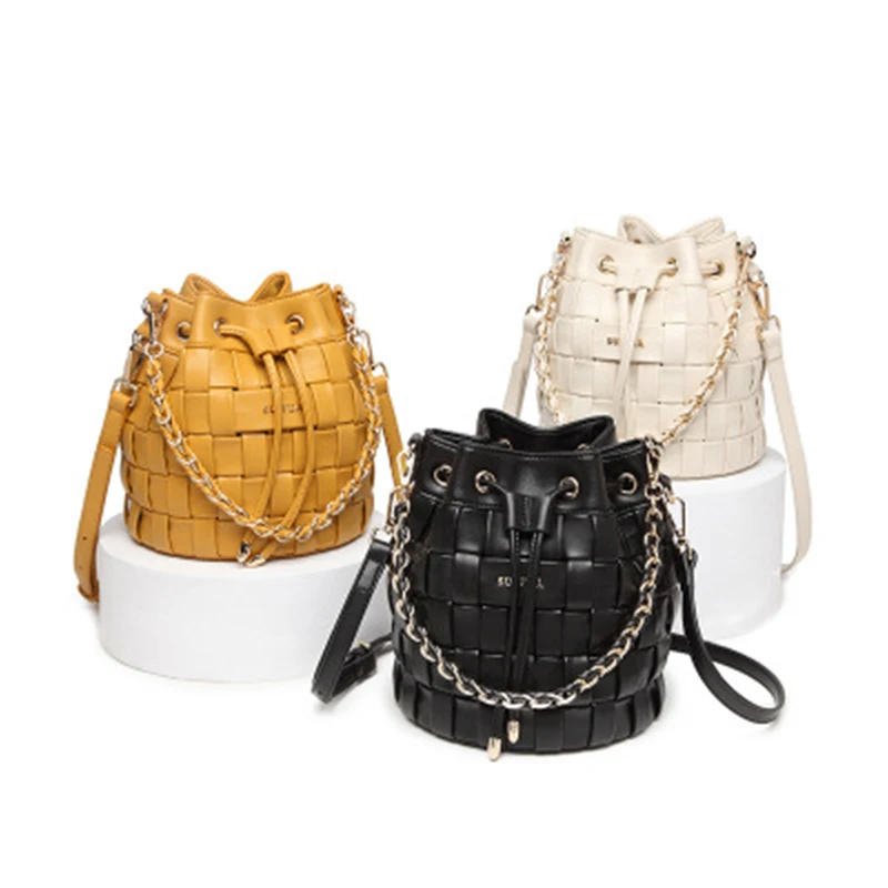 

Designer Woven Crossbody Bag for Women 2021 Chain Bucket Bags Fashion Pu Leather Women's Shoulder Bag Drawstring Clutch Purses