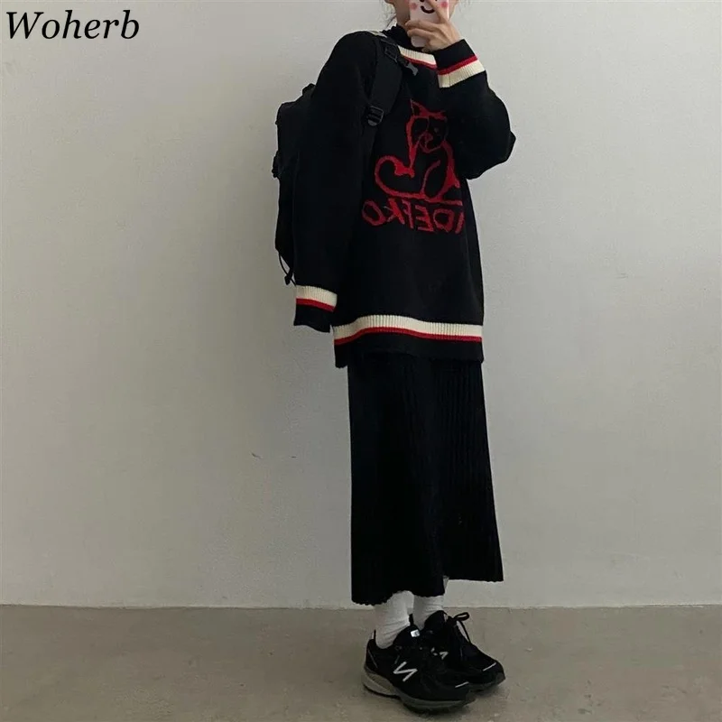 Женский жаккардовый свитер Woherb в стиле Харадзюку с готическим медведем черный