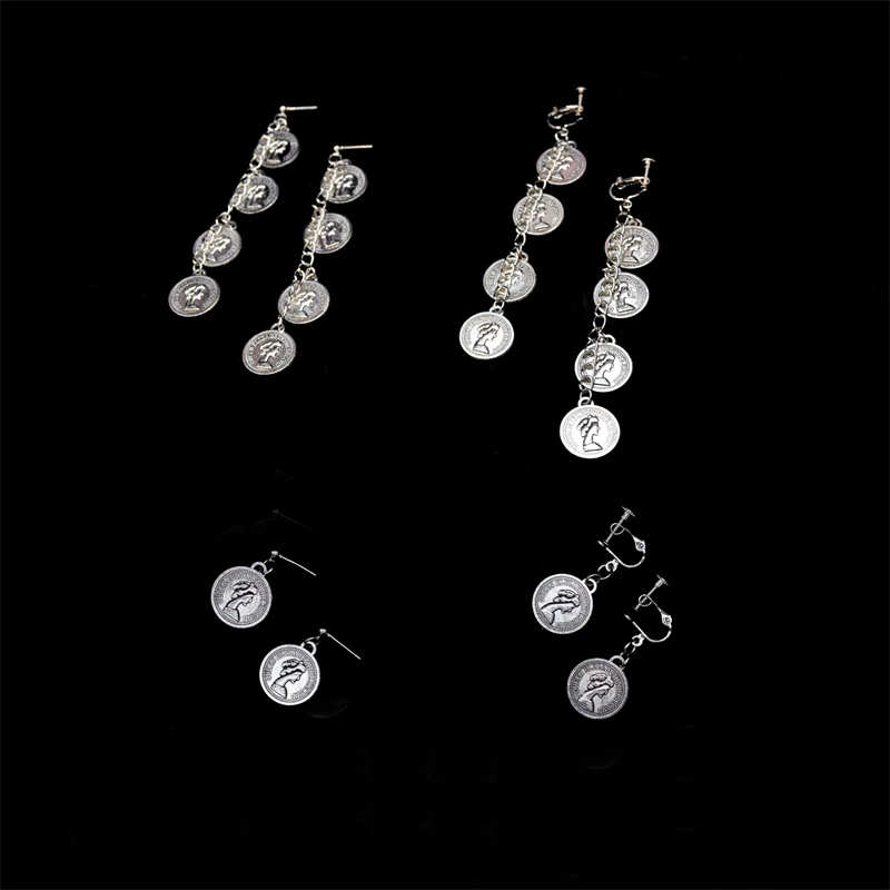 

New creative vintage portrait coins INS long tassel women's stud earring ear clip jewelry accessories wholesale