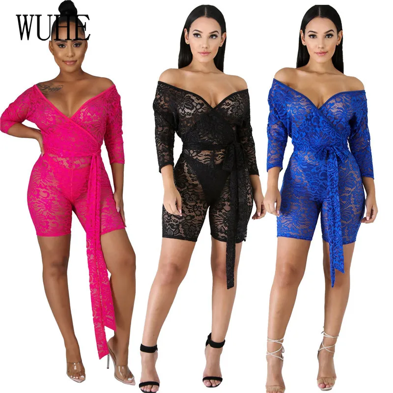

KEXU Stretch Patchwork Lace Print Playsuits Package Hip Long Sleeve Hollow Out Slash Neck Tie Up Elegant Party Casual Clubwear