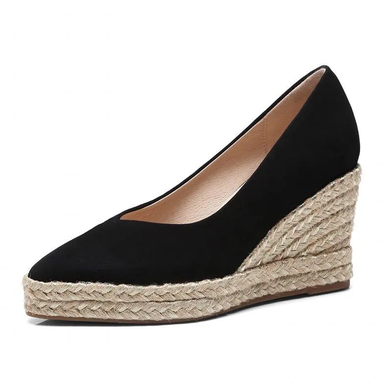 

Platform Wedge Shoes Women Shallow Pointed Toe High Heels Yellow Genuine Suede Leather Ladies Pumps Sapato Feminino Plus Size 40