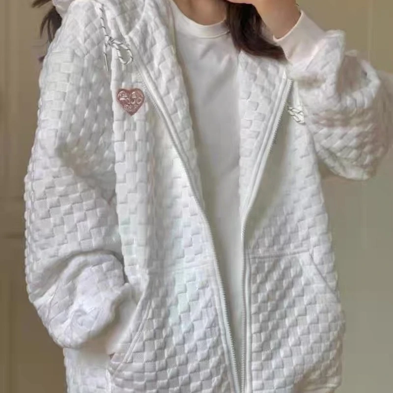 

Women Fashion Zipper Korean Style Long Sleeve Couple Waffle Coats Y2K Hoodies Sweatshirts 2021 Solid White Autumn Kawaii Clothes