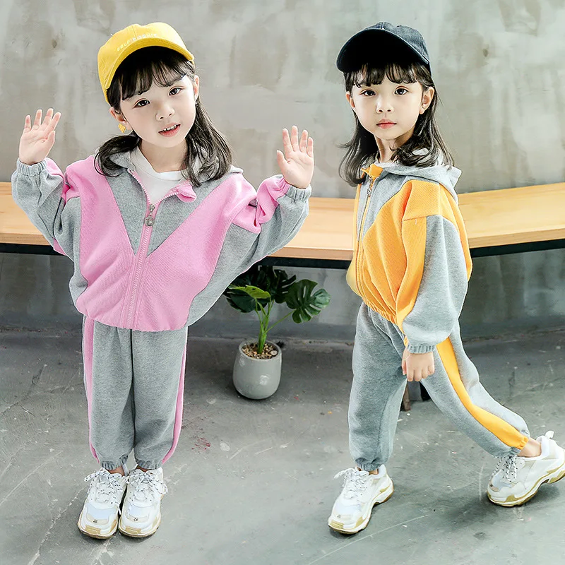 

Детская одежда для девочек, корейская мода, весна-осень 2021, красивый розовый хлопковый милый детский костюм из двух предметов с капюшоном, с...