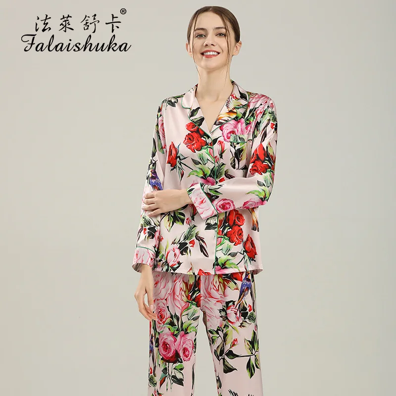 19 Momme 100% genuine silk pajamas sets women sleepwear Korean Elegant Flowers fashion Mulberry Silk womens pyjamas T8127_ZB