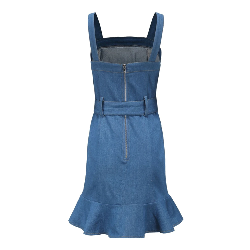 

Fashion Blue Denim Mini Strap Dress Women Casual Sleeveless Ruffles Bottom Short Skirt Laides Girls Clothing with Belt