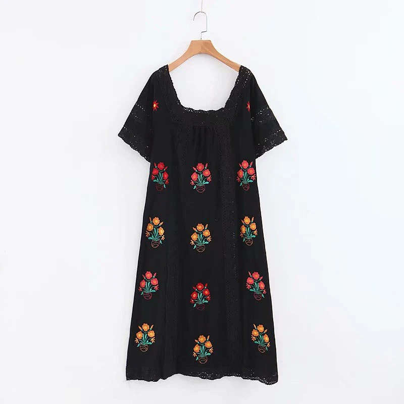 Boho шикарное женское пляжное богемное платье с цветочной вышивкой и коротким рукавом, женское льняное Хлопковое платье миди с воротником