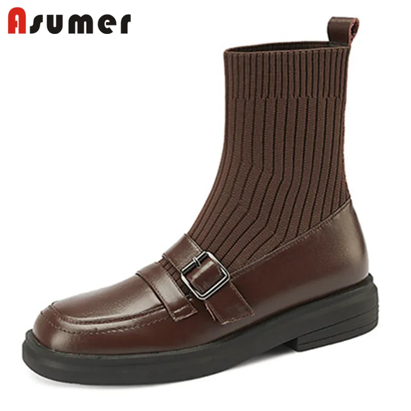 

Asumer 2021 Top Quality Flat Shoes Women Ankle Boots Genuine Leather +Knitting Stretch Boots Comfortable Casual Shoes Ladies