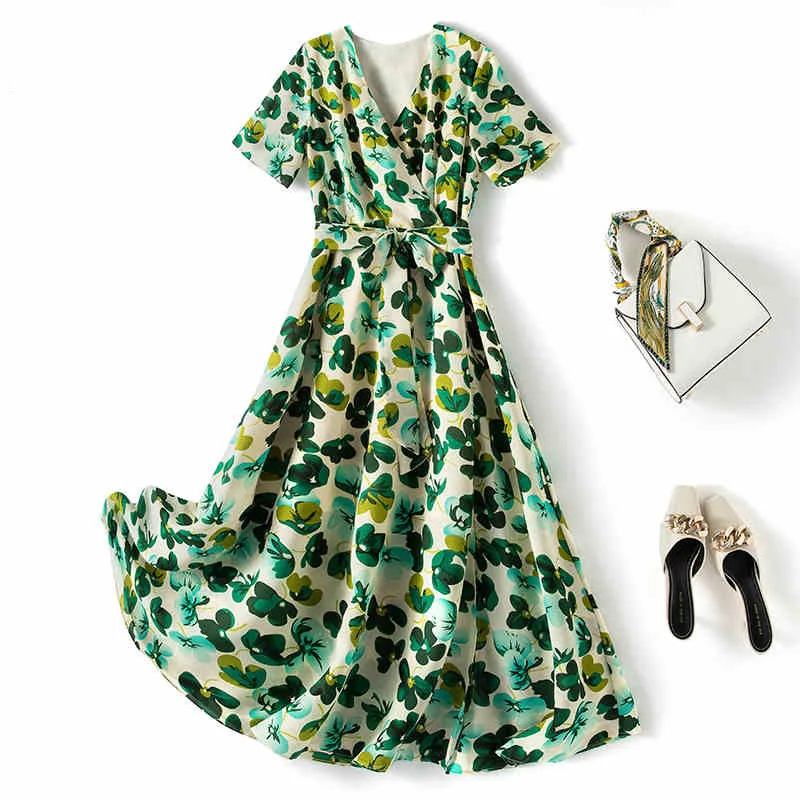 

Womens Summer Dress Green Floral V-Neck Short Sleeves Elegant Plus Size Forest Slim A-Shape Belted Dating Holiday Long Skirt