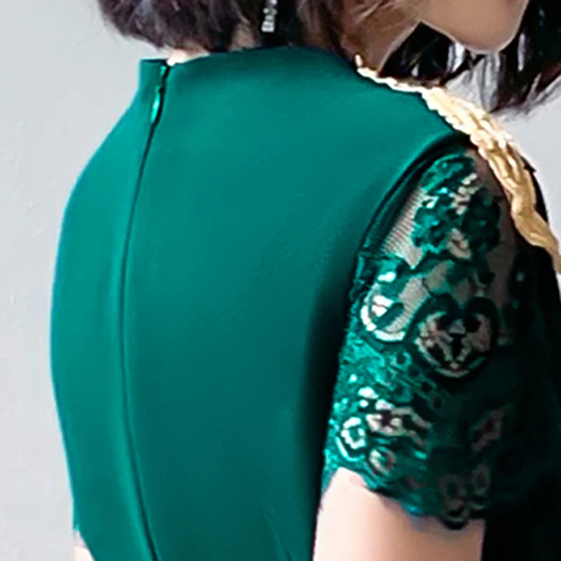

Green V-Neck Zipper Back Short Sleeves Prom Dress Simple Embroidery Mermaid Knee-Length Plus size Women Formal Party Gown C336