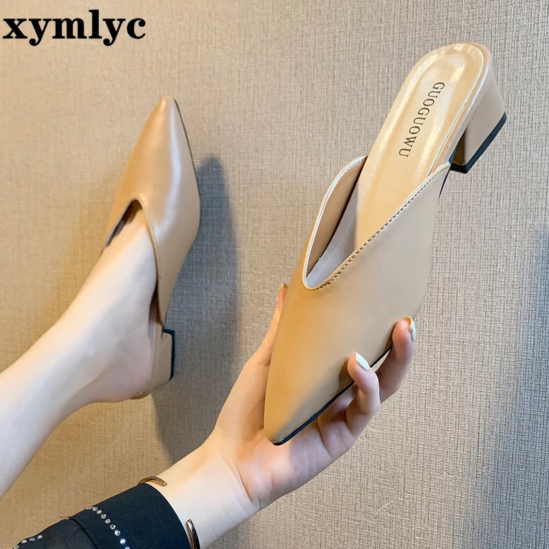 2020 new ladies pointed toe Thick heel High heels women's fashion mid-heeled shoes summer slippers Black khaki creamy-white | Обувь