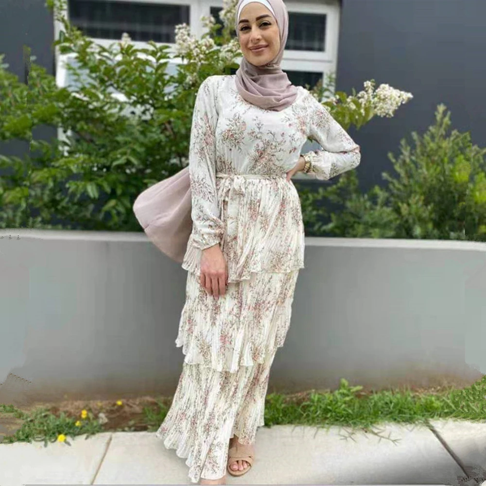 Женское Многоярусное платье макси, плиссированное платье с цветочным принтом в мусульманском стиле, облегающее платье с длинным рукавом, з...