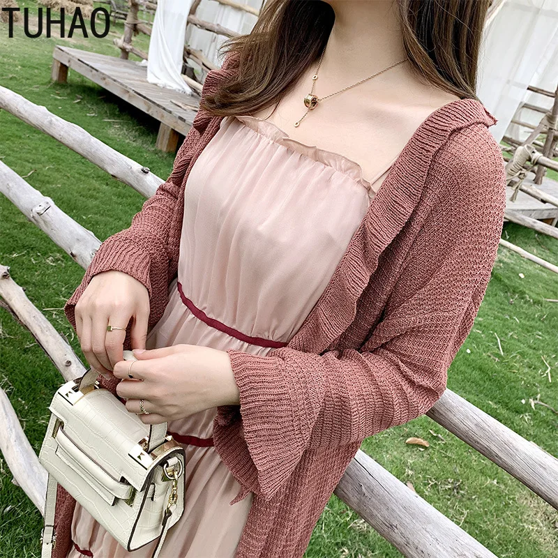 

Spring Summer Cardigan Plus Size Long Trench Coat Ruffles Midi Knitted Cardigan Long Sleeve Thin Trench Casual Outerwear TA153