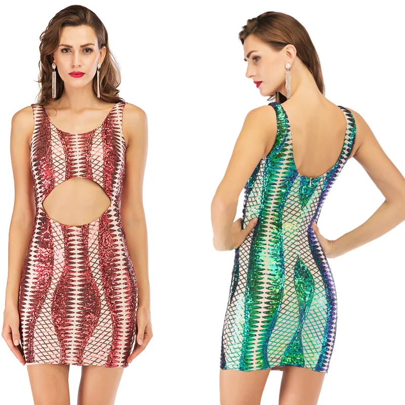 Fashion Sequined Bodycon Hollow Out Sexy Dress Summer Women Sleeveless Party Mini Pencil | Женская одежда
