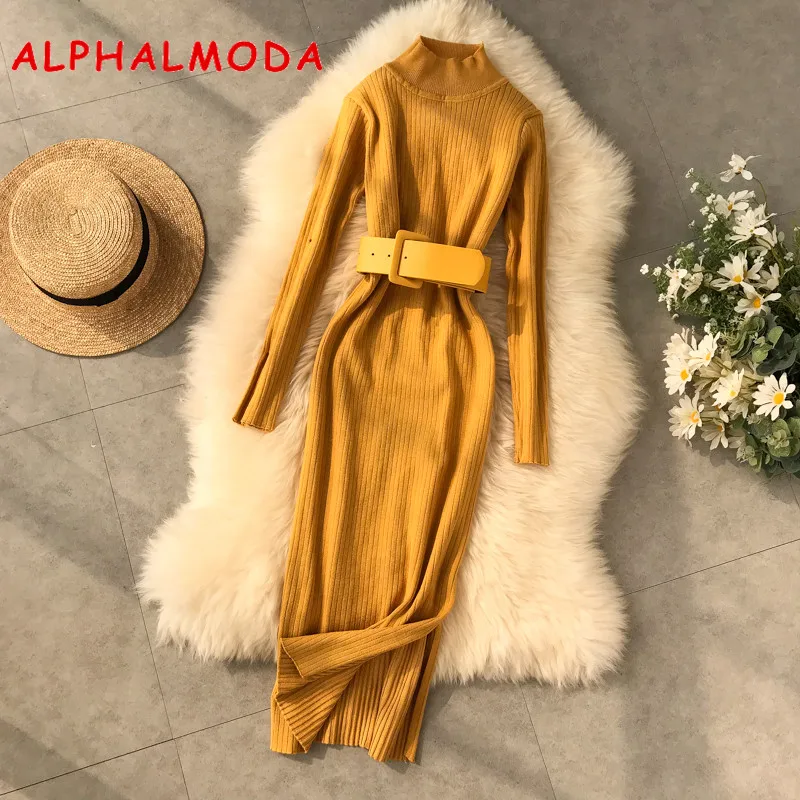 Женское платье с высоким воротником ALPHALMODA длинными рукавами и разрезом сбоку