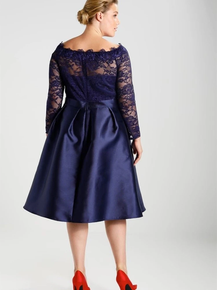 Темно синее платье для матери невесты с длинным рукавом и вырезом лодочкой кружевное атласное вечернее