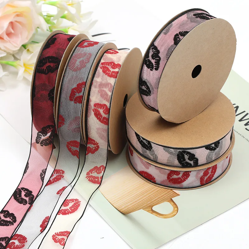 

25mm, 40mm Lip Print Ribbon Flower Packaging Material Creative Gift Snow Gauze Ribbon Flower Shop Supplies Webbing 20 Yards/Roll