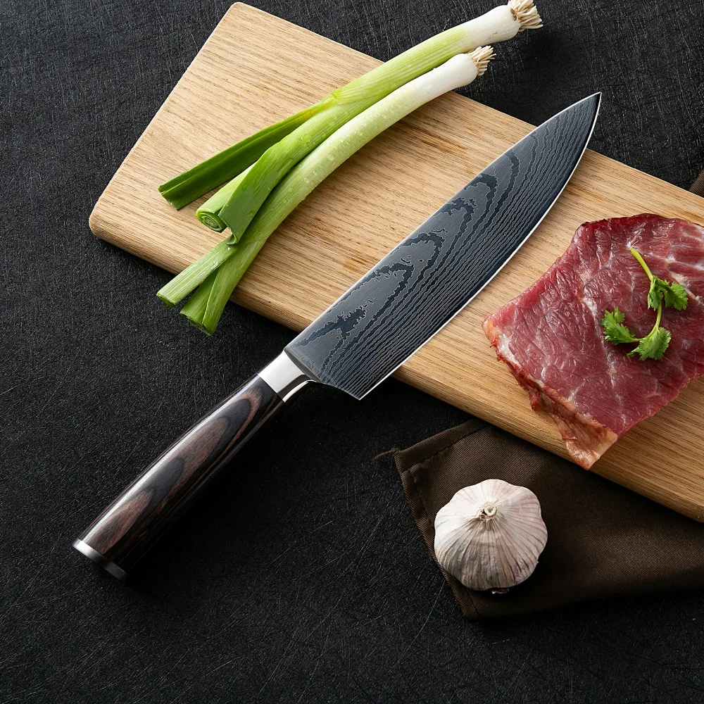 Высокое качество 8 дюймов поварские ножи Santoku кухонные ножи Кливер нарезки подарок нож с лазером Дамасская сталь