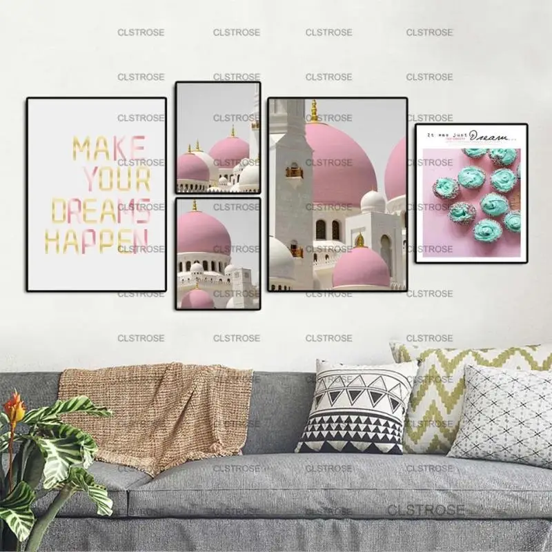 

Nordic Pink Building Roof Poster Home Wall Art Decoration Canvas Painting for Living Room Bedroom Waterproof Ink