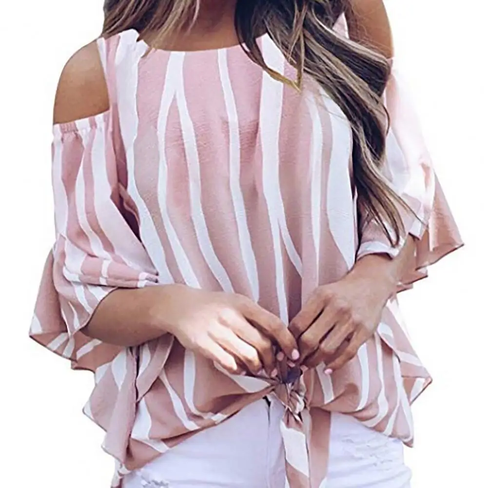 

Off Shoulder Bowknot Women Blouses Flare Sleeve Shirt 2021 Autumn Three Quarter Sleeve Striped Print Women Blouse Tops Casual
