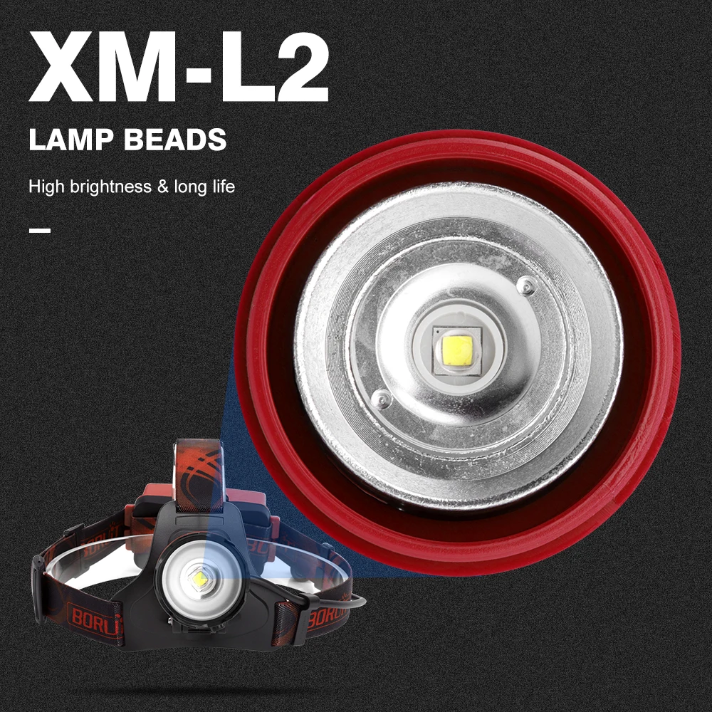 BORUiT яркий XML L2 светодиодный налобный фонарь, масштабируемый, USB Перезаряжаемый, с памятью, для фар, водонепроницаемый, для кемпинга, охоты, Головной фонарь