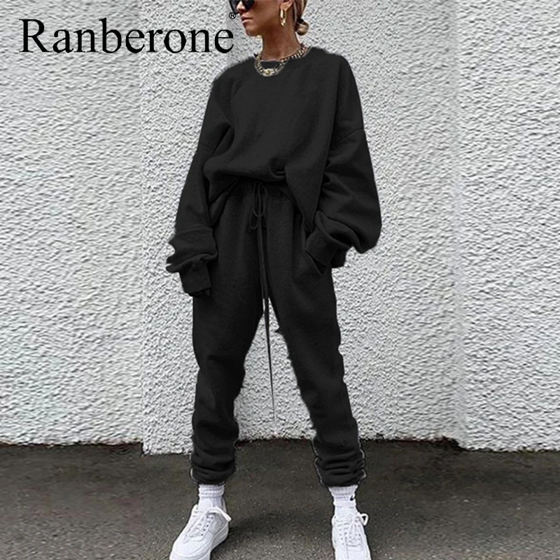 Ranberone Women Tracksuit Oversized Female Sweatshirt Elasticated Trousers Set Fall Winter Outfits Fashion Solid Sweatsuits 2020