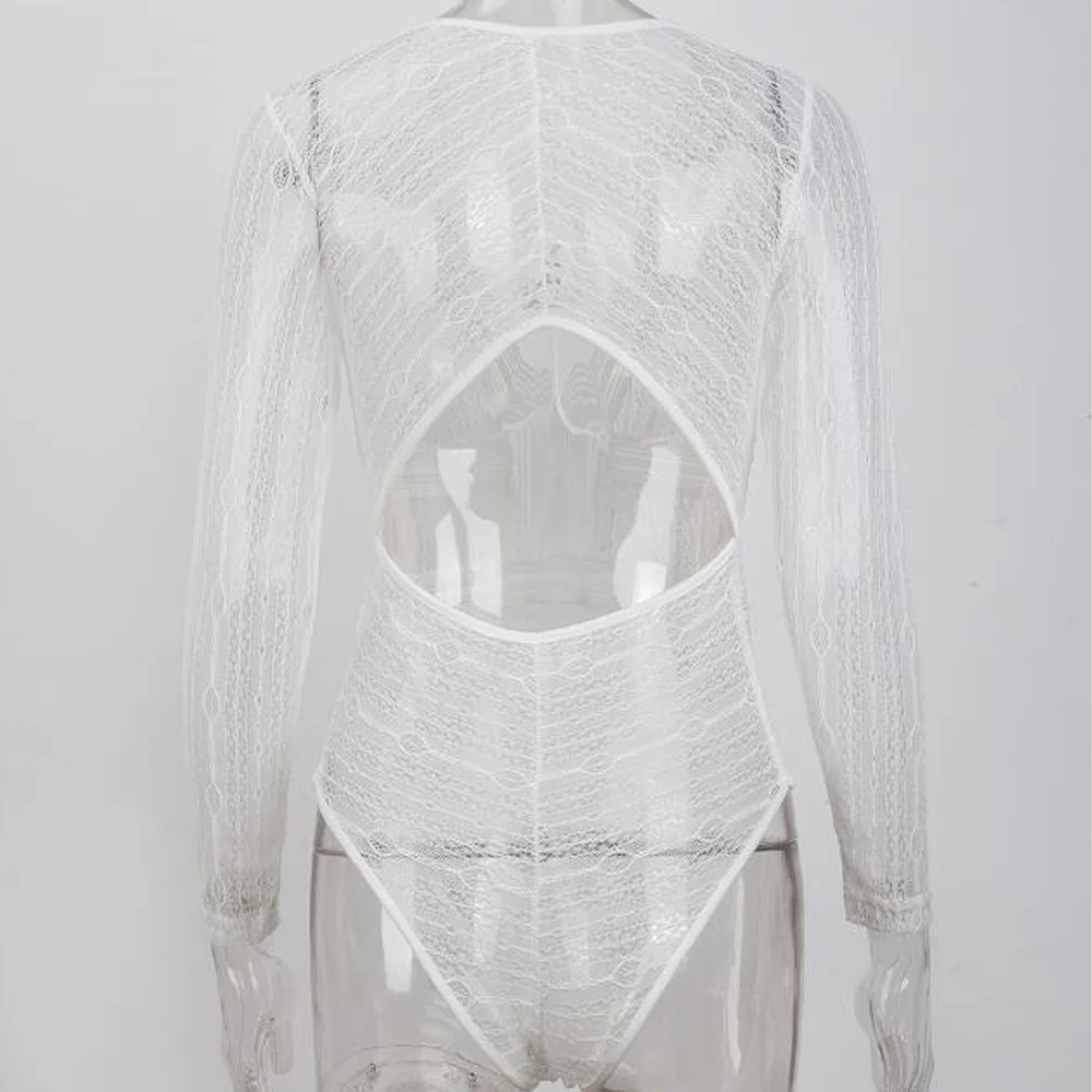 

Hollow Out Bodysuit Women Long Sleeve Sexy Lace Jumpsuit Rompers Overalls Party Club Wear Black Deep V Neck Sheer Bodysuits