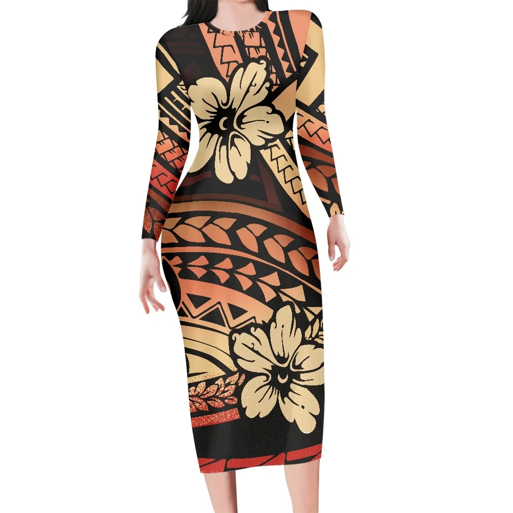 

Hawaii Flower Polynesian Tribal Tattoo Print Women Elegant Round Neck Long Sleeve Casual Vestido Party Work Office Bodycon Dress