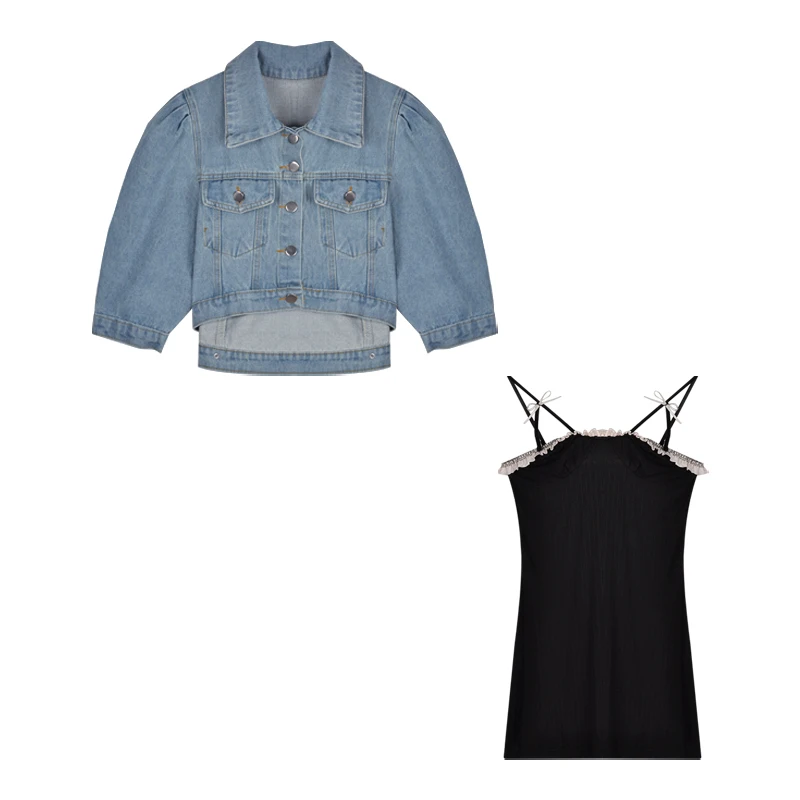 

2020 Spring New Puff Sleeve Crop Denim Jackets Women Turn Down Collar Buttons Frayed Ripped Hole Jean Coat Pockets Bomber Jacket