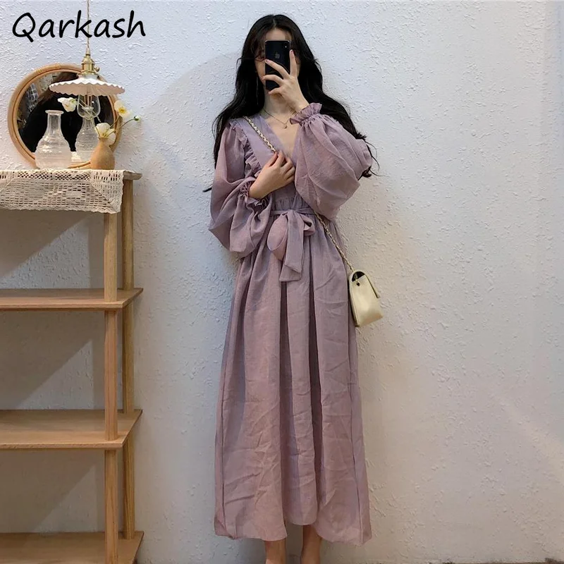 

Dress Women Fairy Lantern Sleeve Kawaii Girls All-match Vintage Elegant A-line Sweet Edible Tree Fungus Solid Color Clothing Ins