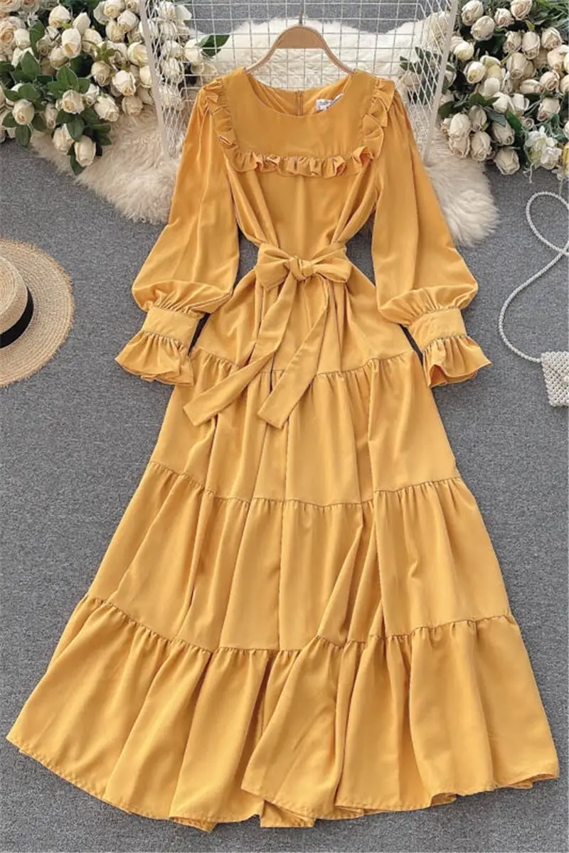 

Sweet Dress 2021 Spring Autumn Women Puff Sleeve Slim Long Ruffled Holiday Dress Vintage Solid Color Lace Up Female Robes zh1508