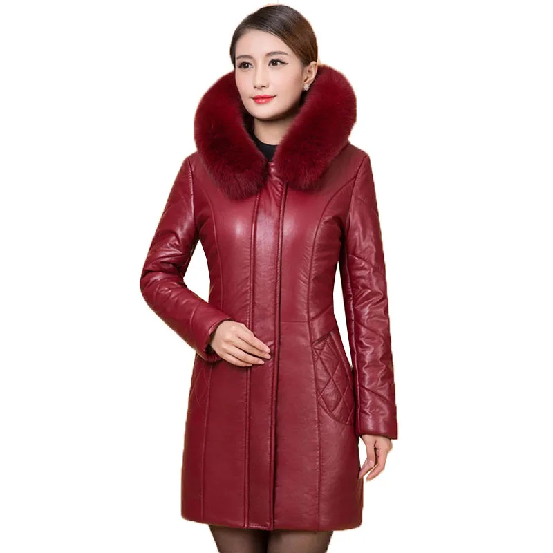 Middle-aged Leather Jacket 2022 New Fashion Leather Coat Mid-Long 6XL Thicken Keep Warm Cotton Coat Outerwear A1087