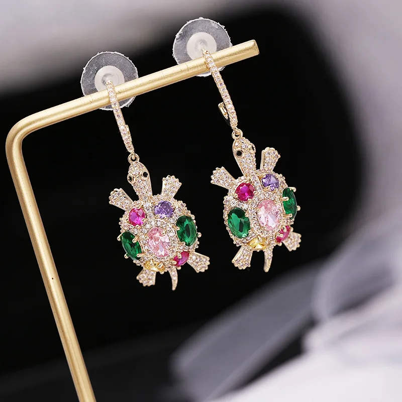 New S925 Silver Needle Individual Fashion Design Sense Small Turtle Earrings for women Coloured Zircon Animal Jewelry | Украшения и