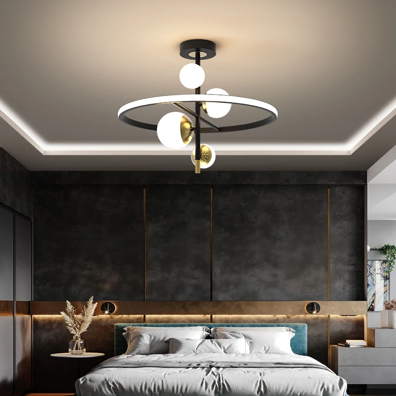 

Chandelier home apartment decoration bedroom living room Nordic glass ball creative design black circular kitchen lamp room