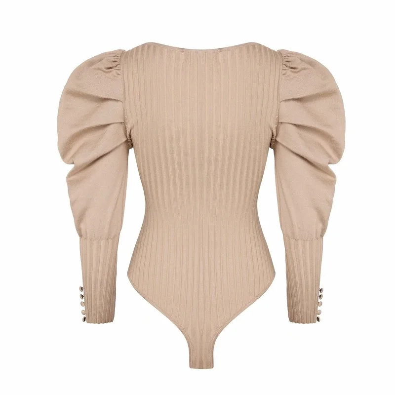 

Ins French Court Style Solid Knit Jumpsuits Square Collar Puff Sleeve Women Pullovers 2021 Spring Chic Vintage Slim Bodysuit