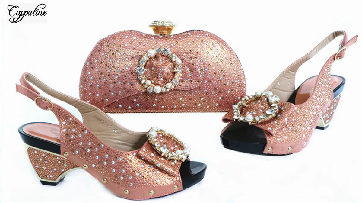 

Elegant Peach African Women's High Heel Pump Shoes And Evening Bag Set With Stones GL1912-7 Heel Height 7.5CM