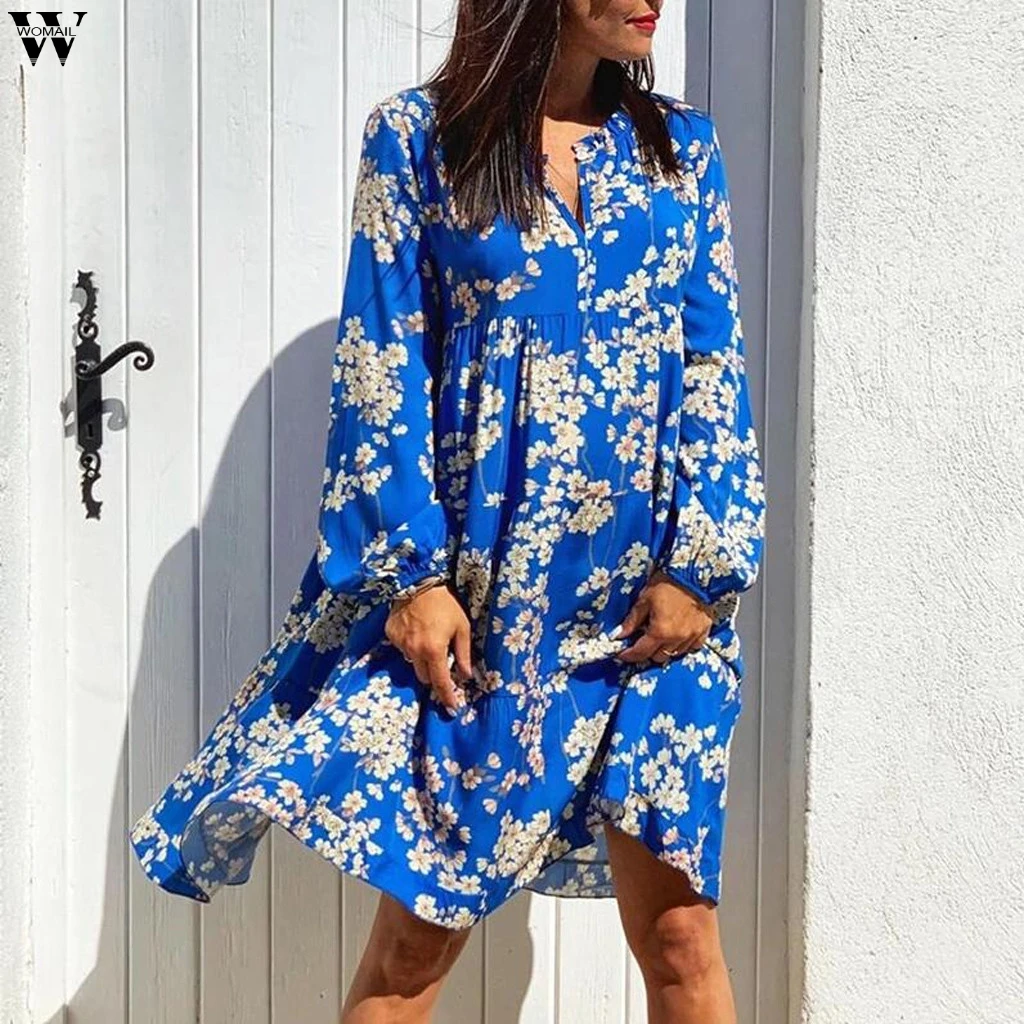 Женское пляжное платье с принтом свободное большого размера длинным рукавом и V