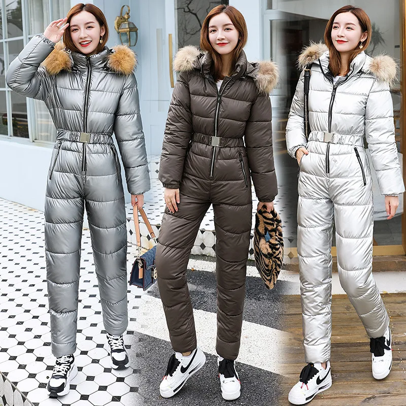 

Women's One-Piece Trousers Plus Cotton Hooded Really Large Fur Collar Windbreak Outdoor Sports Siamese Suit Ski Ladies Coats