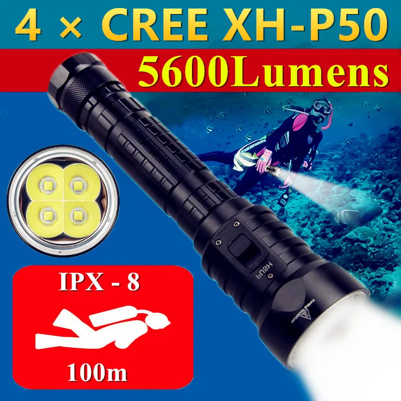

CREE XHP50 IP8 Waterproof Powerful High Power Dive Fill Light Underwater 100m LED Diving Flashlight 26650 Camping Tactical Torch