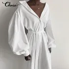 Модные платья-миди с рукавами-фонариками Celmia 2021, пикантная рубашка с воротником-стойкой, свободное Повседневное платье на пуговицах с поясом