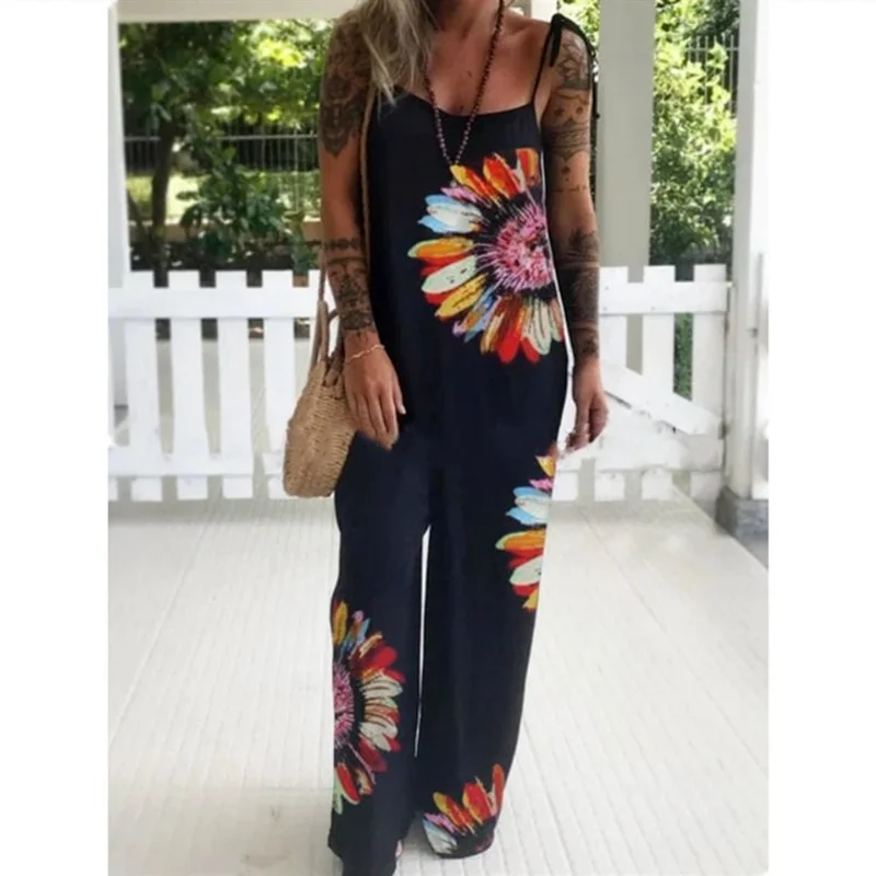 

Sling Jumpsuit Women Summer Fashion Flower Print Lace Up Plus Size Casual Overalls for Women Lugentolo