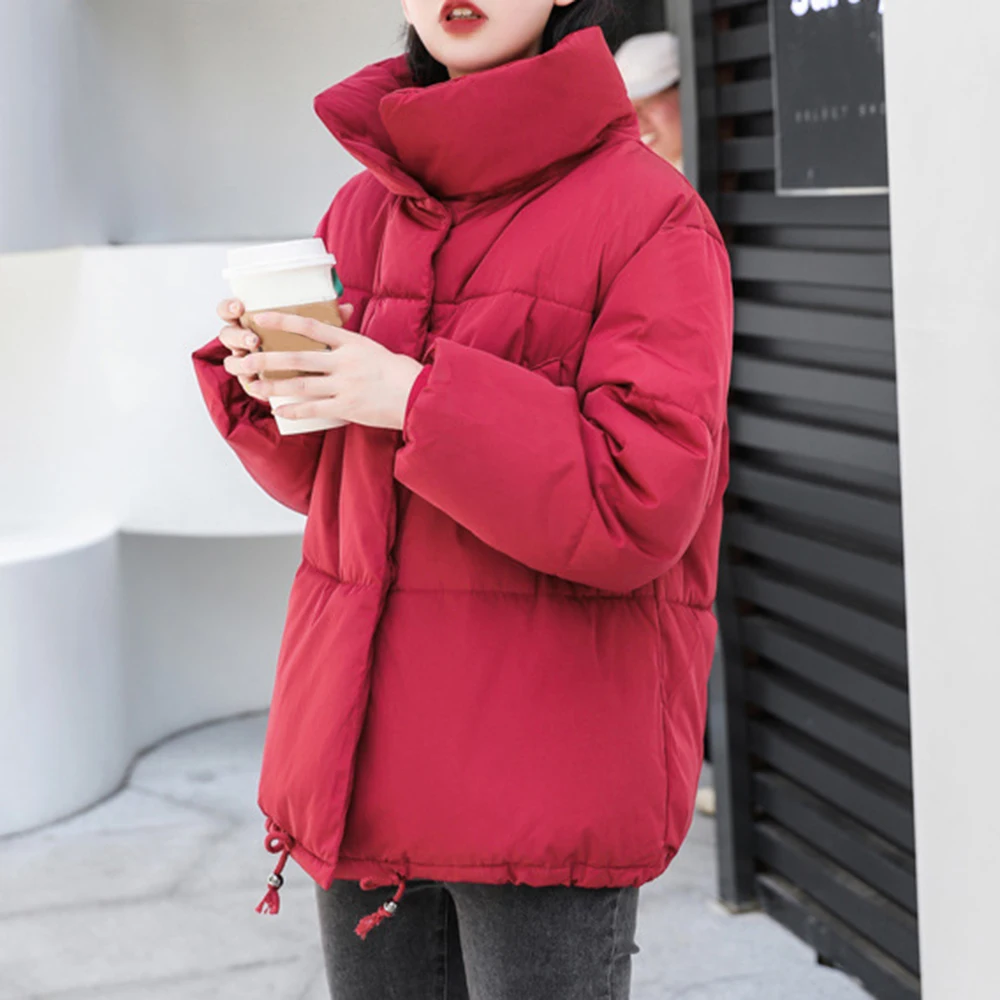PUIMENTIUA Winter Warm Jacket Women Stand Collar Solid Black White Female Down Coat Loose Womens Plus Size Short Parka New