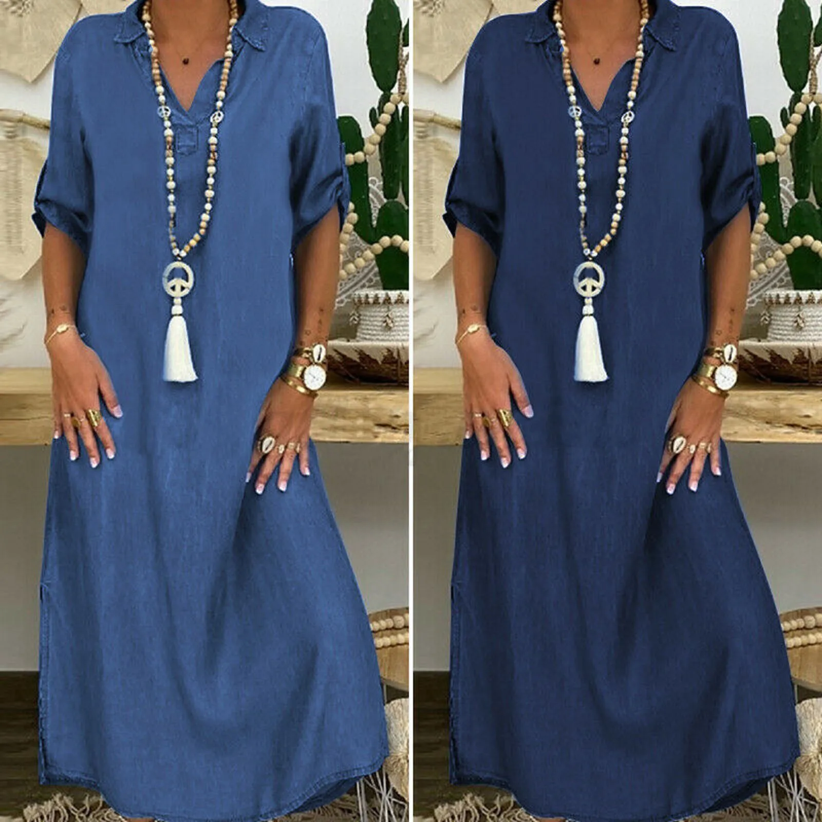 

Women Vintage Denim Dress Oversized Elegant Office Lady V-neck Roll Sleeve Button Loose Long Dress Straight Summer Dress