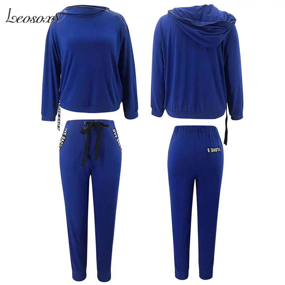

Two Piece Set Women Zipper Hoodied Sweatshirt & Woman Pants Ribbon Patchwork Letter Print Tracksuit Women Autumn