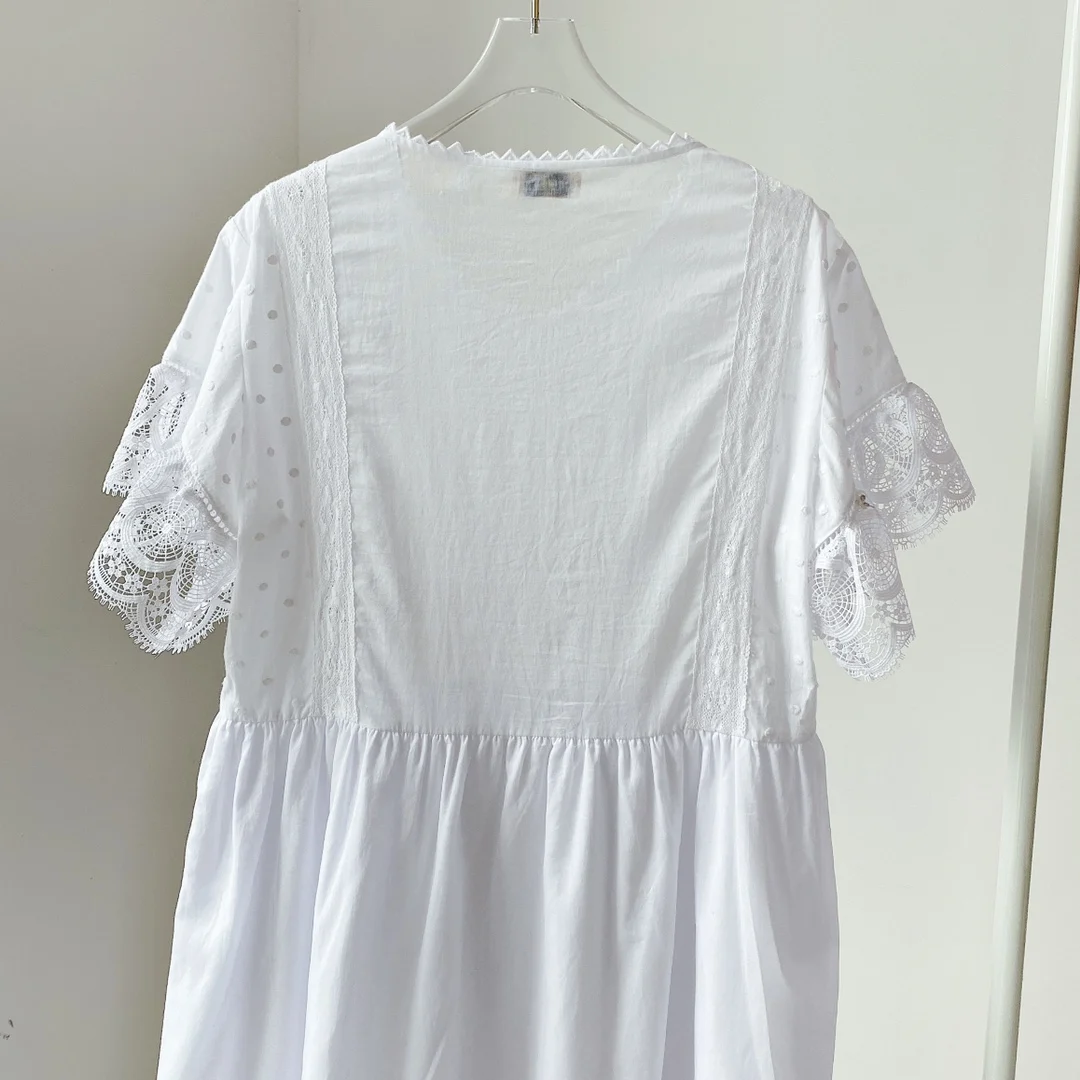 

Chic 100% Cotton Minin Dress Women Short Dress O-Neck Fashion Eyelash Lace Trimming Lady White Mini Dresses
