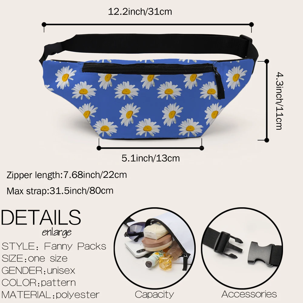 Поясная Сумка Deanfun женская с рисунком маргариток вместительная Синяя