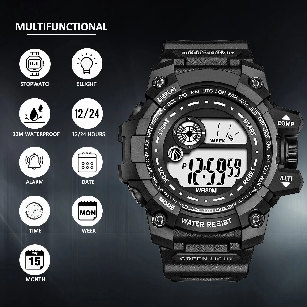

KDM Fashion Brand Digital Watches Men Sport Chronograph Alarm 3ATM Waterproof Clock Male Casual Rubber Band Wrist Watch Man 2029